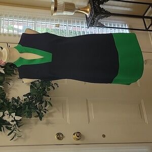 Jessica Howard navy blue green sleeveless dress Vneck stretch textured 10P EUC…